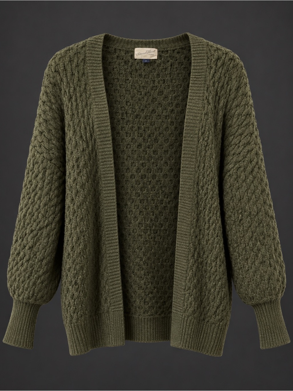 Olive Green Open-Front Cable Knit Cardigan Sweater